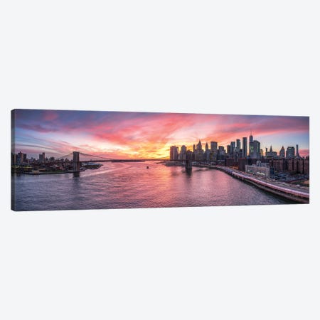 Panoramic View Of The Manhattan Skyline And Brooklyn Bridge At Sunset Canvas Print #JNB1061} by Jan Becke Canvas Artwork
