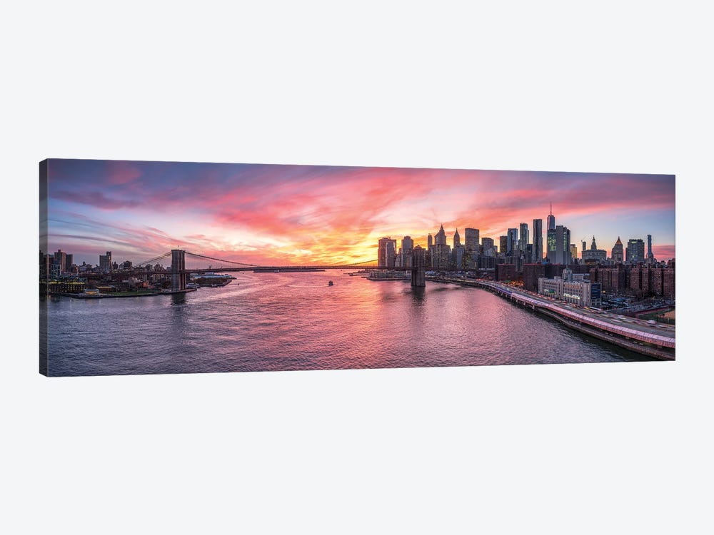 Panoramic View Of The Manhattan Skyline And Brooklyn Bridge At Sunset by Jan Becke 1-piece Canvas Art Print