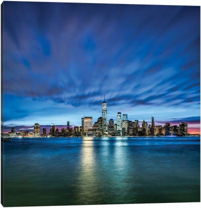 Manhattan Skyline At Night Seen From New Jersey Canvas Art Print - New York City Skylines