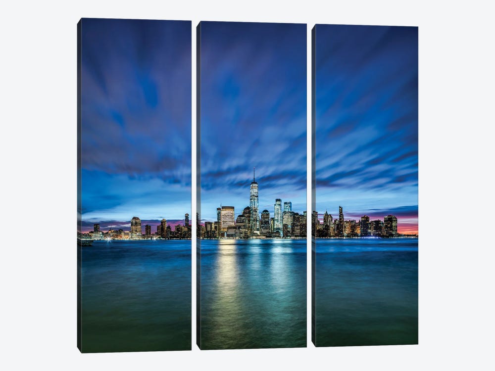Manhattan Skyline At Night Seen From New Jersey by Jan Becke 3-piece Canvas Wall Art