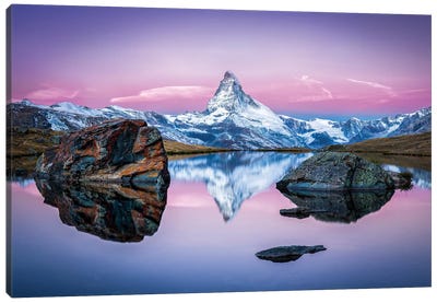 Stellisee And Matterhorn In Winter Canvas Art Print - Lake Art