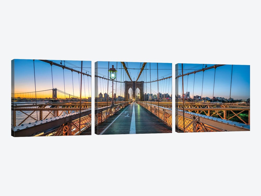 Panoramic View Of The Brooklyn Bridge At Sunrise, New York City, Usa by Jan Becke 3-piece Canvas Art