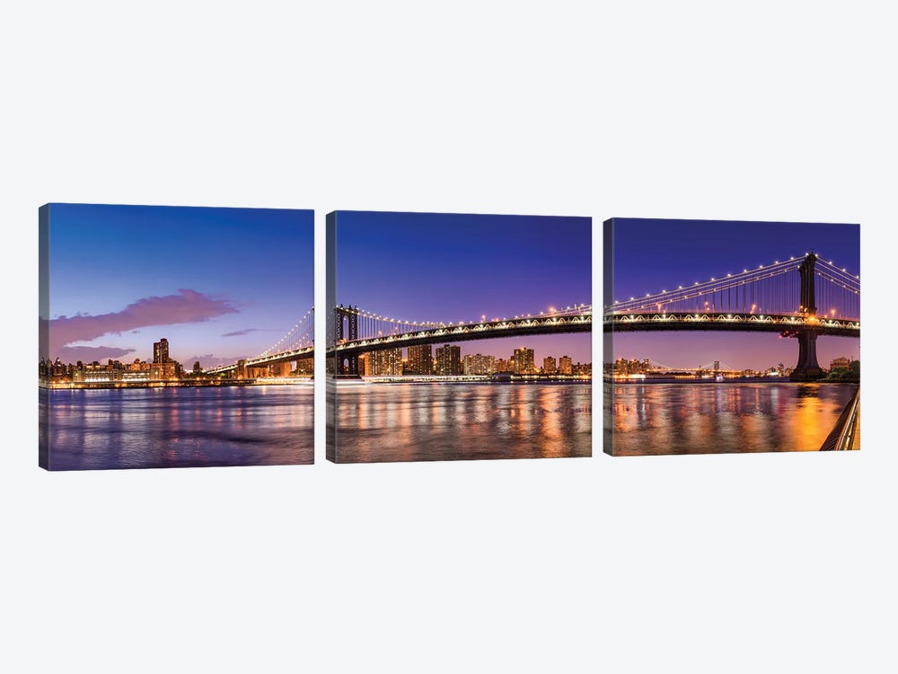 Manhattan Bridge Panorama At Night, New York City, Usa by Jan Becke 3-piece Canvas Art Print