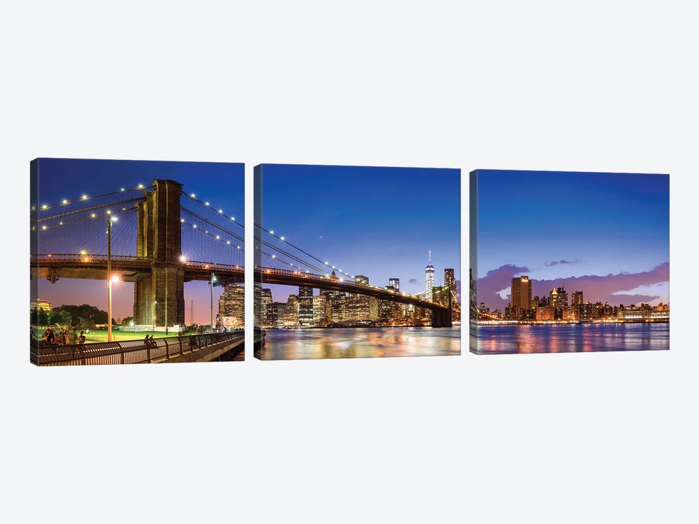 Panoramic View Of The Brooklyn Bridge At Night, New York City, Usa by Jan Becke 3-piece Canvas Wall Art