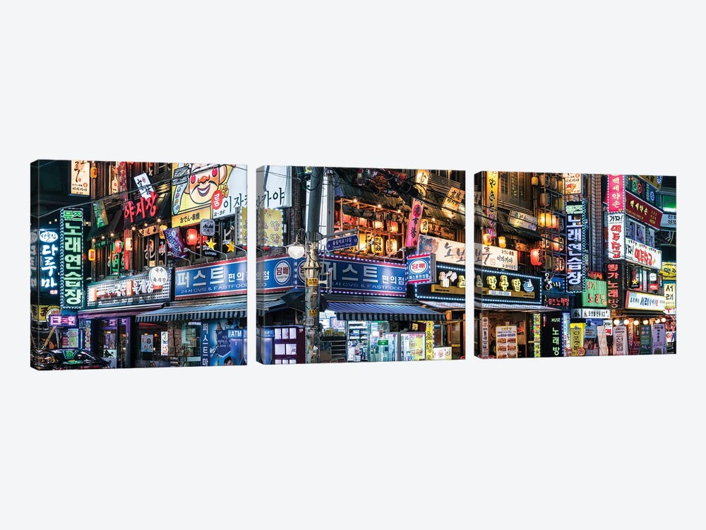 Colorful Neon Billboards At The Songpa Nighlife District, Seoul by Jan Becke 3-piece Canvas Art Print