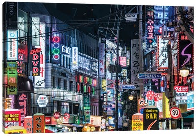 Colorful Neon Billboards At A Street In The Songpa Nighlife District, Seoul Canvas Art Print - Jan Becke