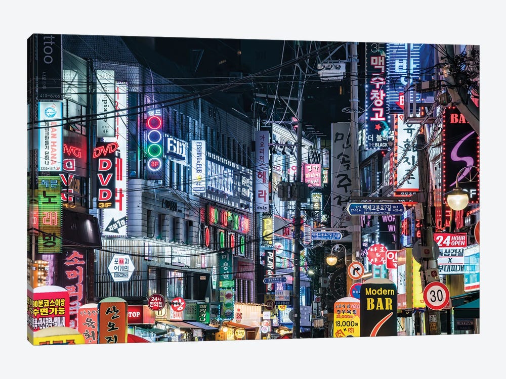 Colorful Neon Billboards At A Street In The Songpa Nighlife District, Seoul by Jan Becke 1-piece Canvas Wall Art