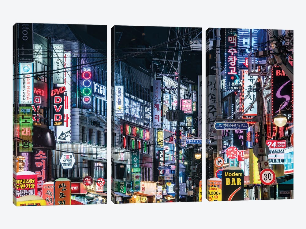 Colorful Neon Billboards At A Street In The Songpa Nighlife District, Seoul by Jan Becke 3-piece Canvas Artwork