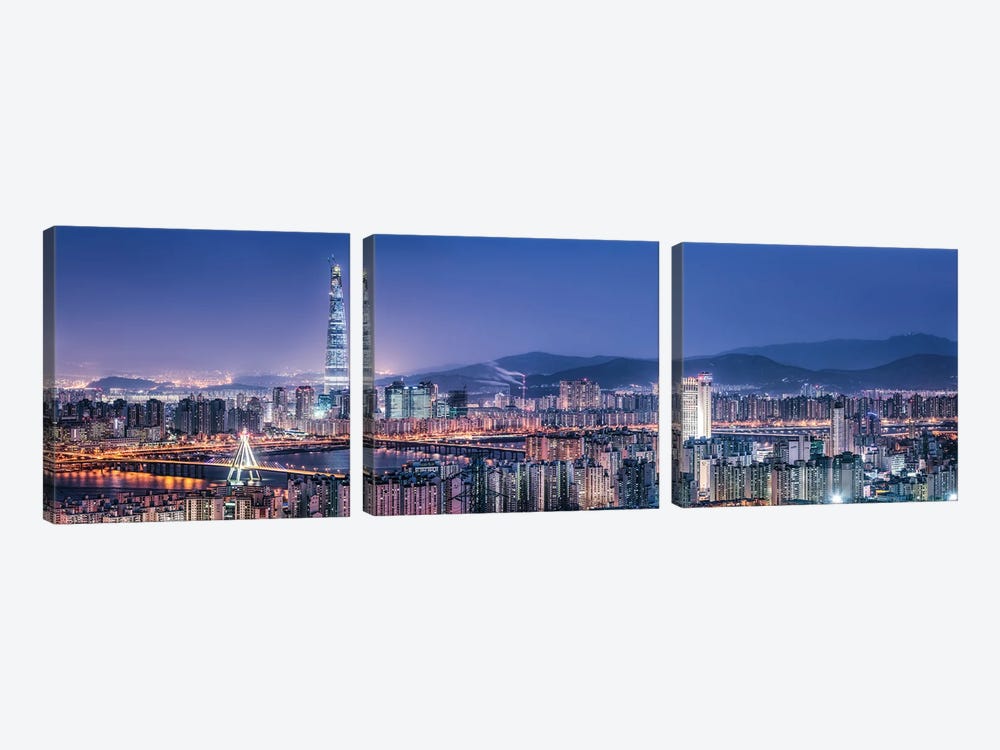 Seoul Skyline At Night With View Of Lotte World Tower by Jan Becke 3-piece Canvas Wall Art