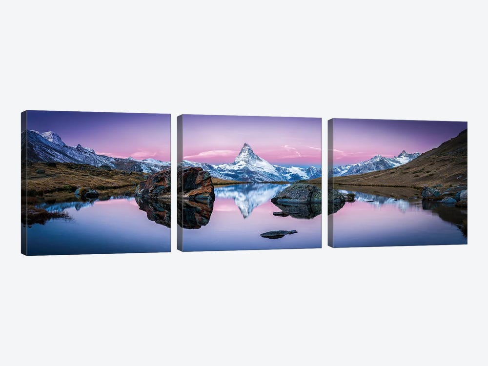 Stellisee And Matterhorn Panorama In Winter by Jan Becke 3-piece Canvas Wall Art