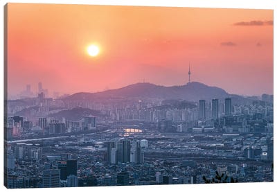 Seoul Skyline At Sunset With View Of Namsan And N Seoul Tower Canvas Art Print - South Korea