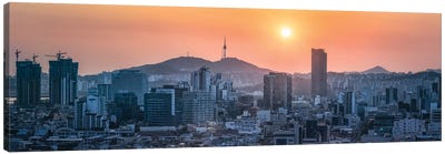Seoul Skyline Panorama At Sunset With View Of Namsan Mountain And N Seoul Tower Canvas Art Print - City Sunrise & Sunset Art