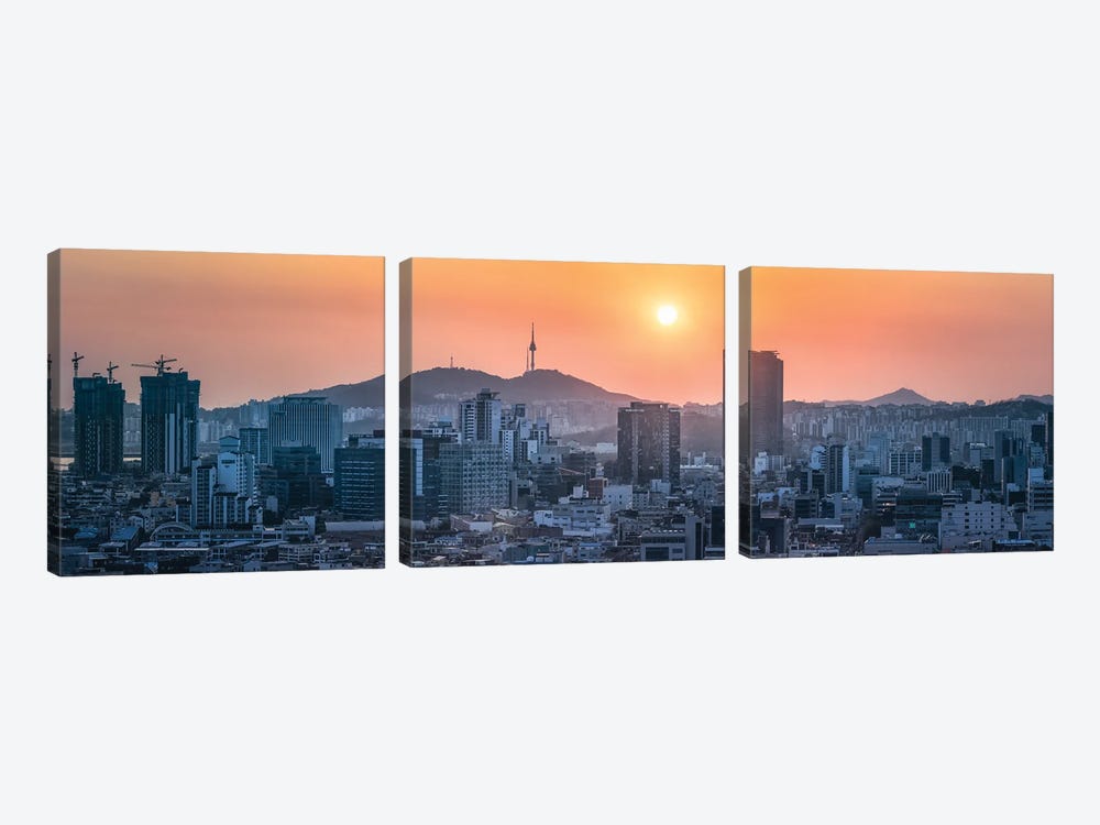 Seoul Skyline Panorama At Sunset With View Of Namsan Mountain And N Seoul Tower by Jan Becke 3-piece Canvas Art