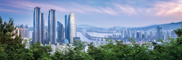South Korea: Busan Skyline Panorama With Haeundae I Park Marina Buildings by Jan Becke
