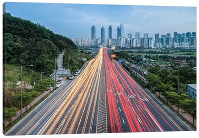 Songdo Skyline And Busy Highway, South Korea Canvas Art Print - South Korea