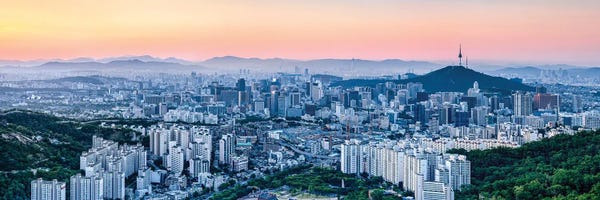 Aerial Photography: Seoul Skyline At Sunset With Namsan Mountain And N Seoul Tower by Jan Becke