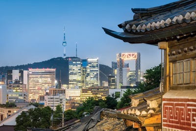 Historic Bukchon Hanok Village In Seoul With View Of The N Seoul Tower And Namsan Mountain by Jan Becke canvas print