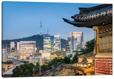 Historic Bukchon Hanok Village In Seoul With View Of The N Seoul Tower And Namsan Mountain Canvas Art Print - Seoul