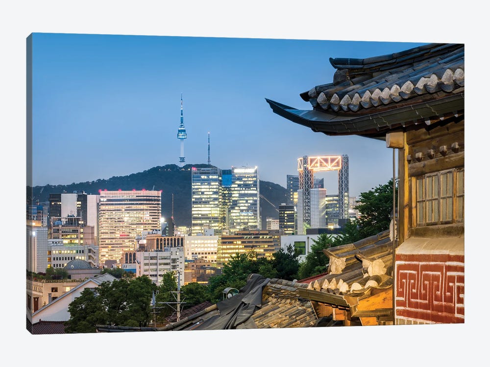 Historic Bukchon Hanok Village In Seoul With View Of The N Seoul Tower And Namsan Mountain by Jan Becke 1-piece Art Print