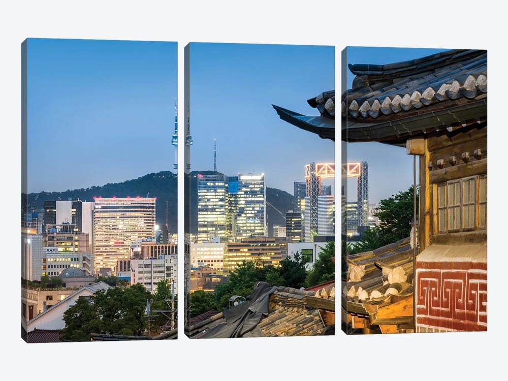 Historic Bukchon Hanok Village In Seoul With View Of The N Seoul Tower And Namsan Mountain by Jan Becke 3-piece Canvas Print
