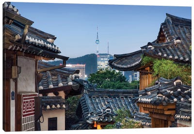 Historic Bukchon Hanok Village In Seoul With View Of The N Seoul Tower And Namsan Mountain At Night Canvas Art Print - East Asian Culture