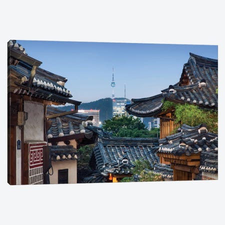 Historic Bukchon Hanok Village In Seoul With View Of The N Seoul Tower And Namsan Mountain At Night Canvas Print #JNB1099} by Jan Becke Canvas Print
