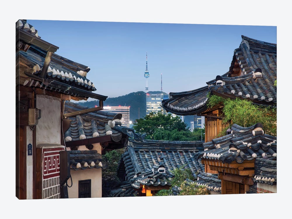 Historic Bukchon Hanok Village In Seoul With View Of The N Seoul Tower And Namsan Mountain At Night by Jan Becke 1-piece Canvas Wall Art