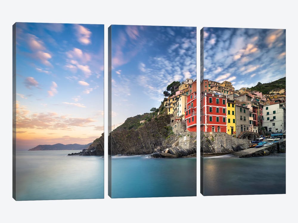 Colorful Houses Of Riomaggiore At Sunrise, Cinque Terre Coast, Italy by Jan Becke 3-piece Canvas Wall Art