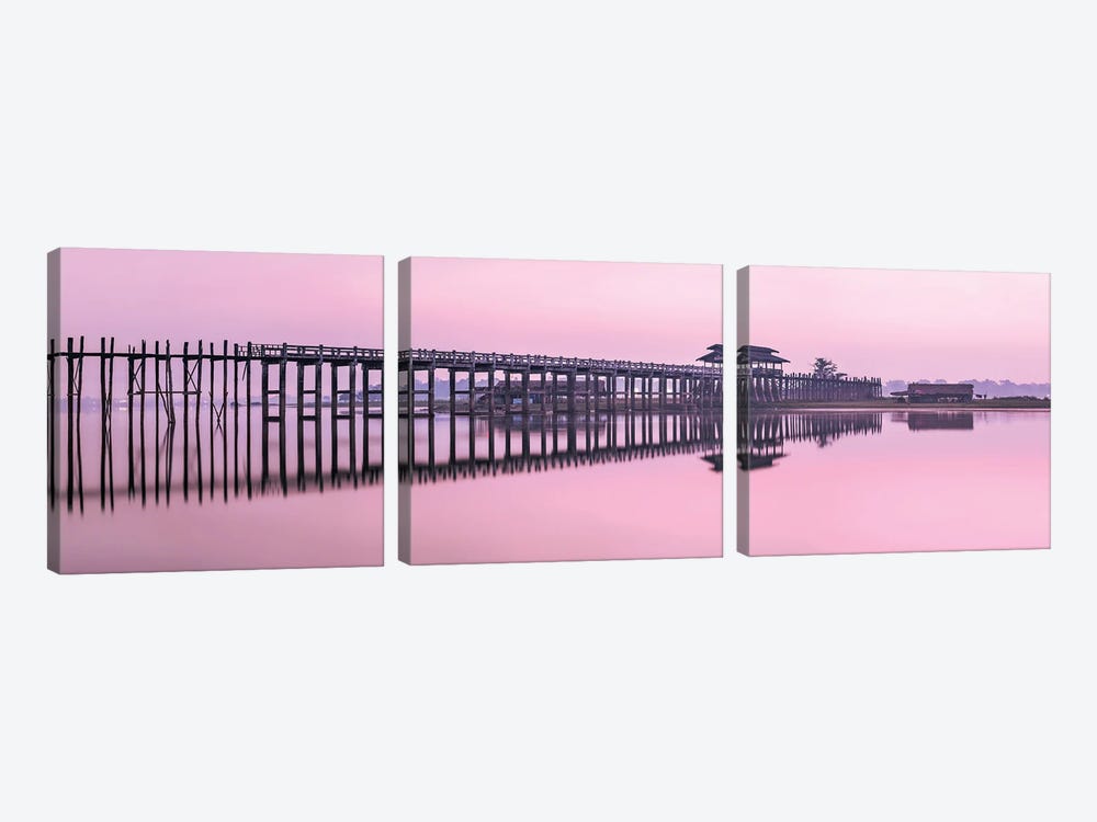 Panoramic View Of The U Bein Bridge At Dawn, Taungthaman Lake, Amarapura, Myanmar by Jan Becke 3-piece Canvas Print