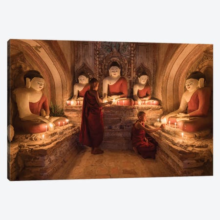 Two Young Novice Monks Praying To Buddha, Bagan, Myanmar Canvas Print #JNB1127} by Jan Becke Canvas Art