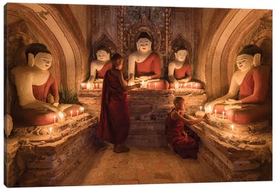 Two Young Novice Monks Praying To Buddha, Bagan, Myanmar Canvas Art Print - Burma (Myanmar)