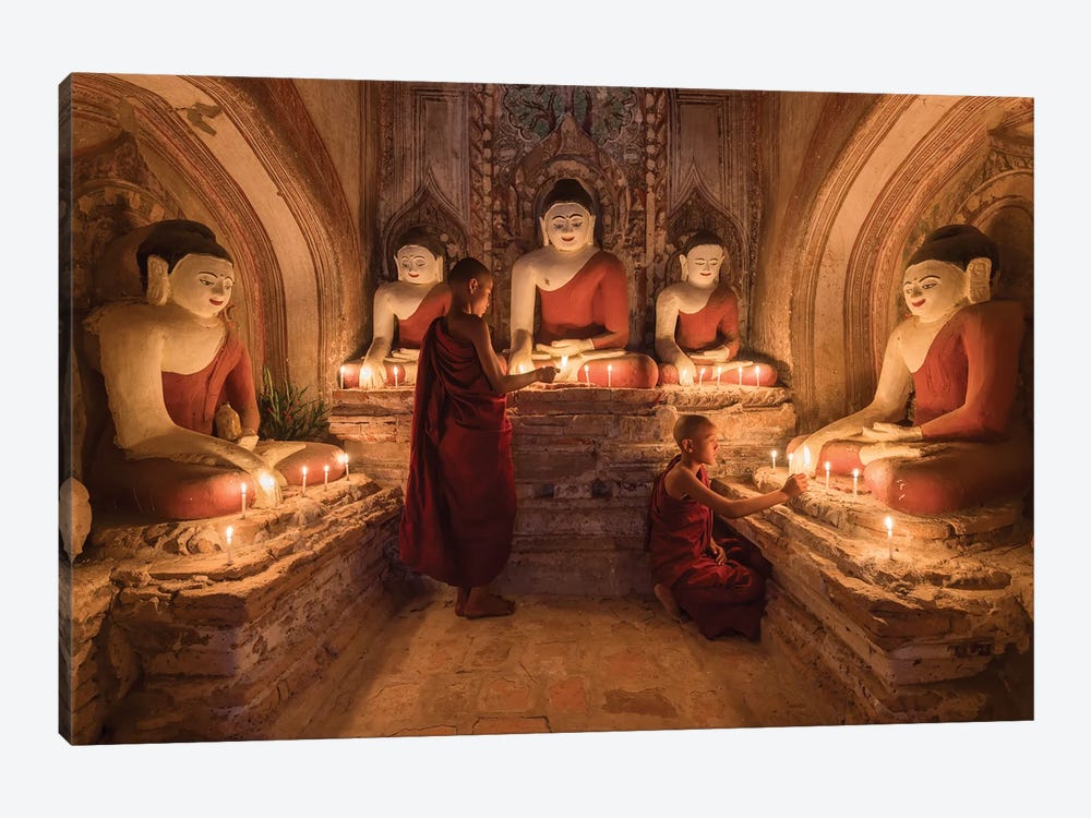 Two Young Novice Monks Praying To Buddha, Bagan, Myanmar by Jan Becke 1-piece Canvas Artwork