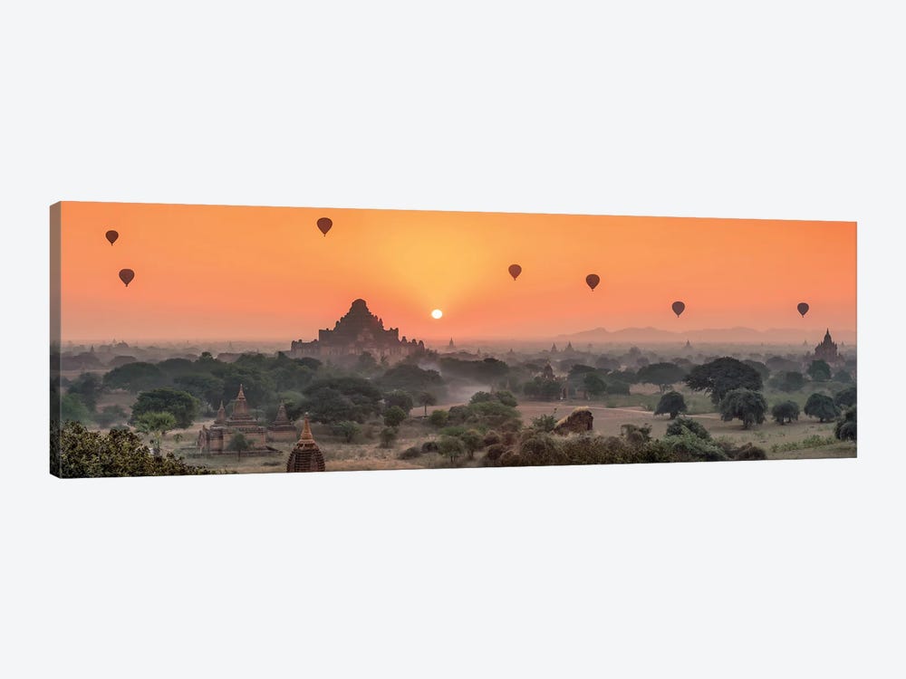 Panoramic View Of Dhammayangyi Temple And Hot Air Balloons At Sunrise, Old Bagan, Myanmar by Jan Becke 1-piece Art Print