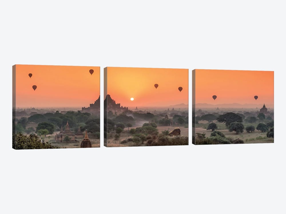 Panoramic View Of Dhammayangyi Temple And Hot Air Balloons At Sunrise, Old Bagan, Myanmar by Jan Becke 3-piece Canvas Print