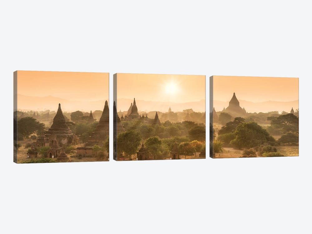 Sunset Over The Ancient Temples In Bagan, Myanmar by Jan Becke 3-piece Canvas Artwork