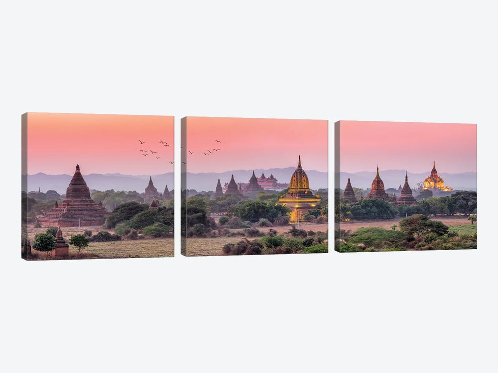 Panoramic View Of Ancient Temples At Dusk, Old Bagan, Myanmar by Jan Becke 3-piece Canvas Art