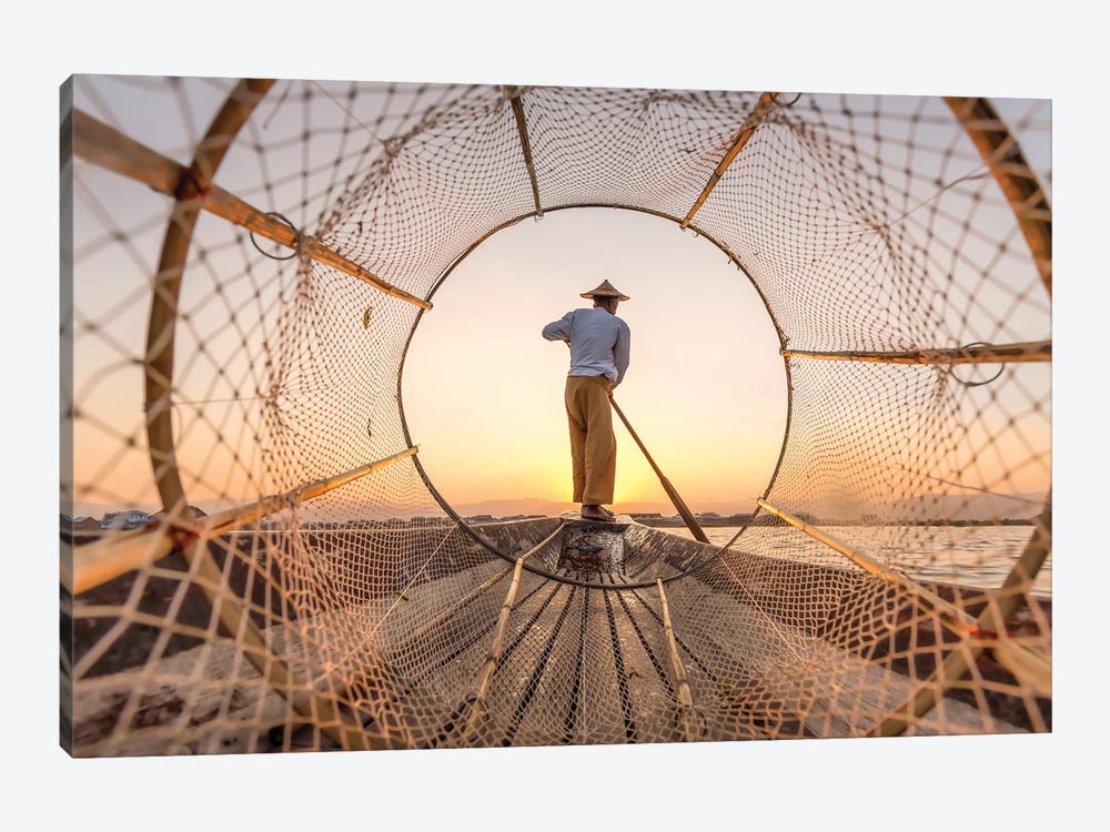 Intha Fisherman With Fishing Net, Inle Lake, Myanmar by Jan Becke 1-piece Canvas Art Print