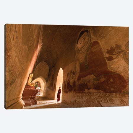 Young Novice Monk Praying To Buddha Inside An Old Temple In Bagan, Myanmar Canvas Print #JNB1141} by Jan Becke Canvas Print