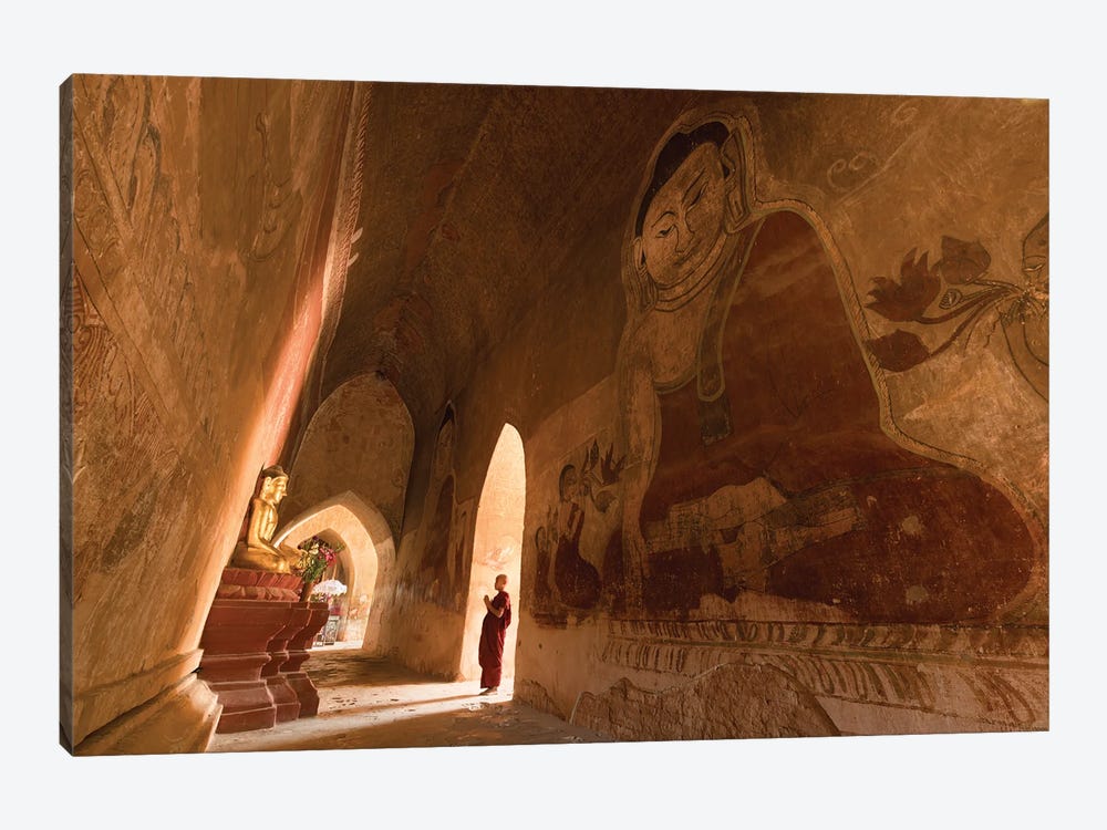 Young Novice Monk Praying To Buddha Inside An Old Temple In Bagan, Myanmar by Jan Becke 1-piece Canvas Art