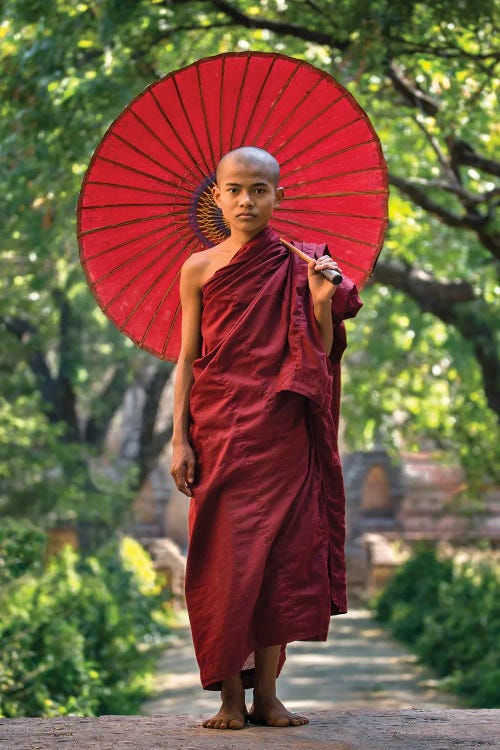 Young Buddhist Novice Monk With Red Umbrella, Myanmar