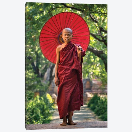 Young Buddhist Novice Monk With Red Umbrella, Myanmar Canvas Print #JNB1142} by Jan Becke Canvas Art Print