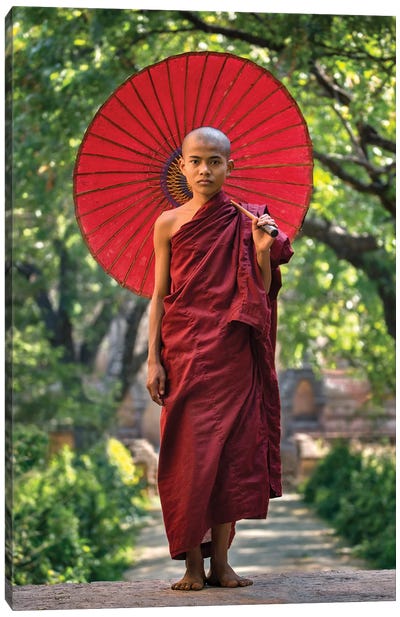 Young Buddhist Novice Monk With Red Umbrella, Myanmar Canvas Art Print - Burma (Myanmar)