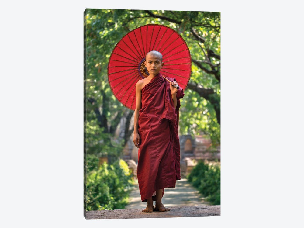 Young Buddhist Novice Monk With Red Umbrella, Myanmar by Jan Becke 1-piece Art Print