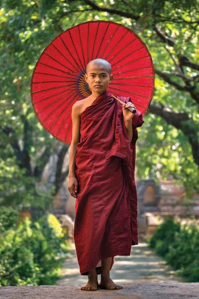 Buddhism: Young Buddhist Novice Monk With Red Umbrella, Myanmar by Jan Becke
