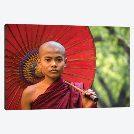 Portrait Of A Young Buddhist Monk With Red Umbrella, Myanmar Canvas Print #JNB1143} by Jan Becke Canvas Art Print