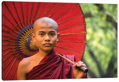 Portrait Of A Young Buddhist Monk With Red Umbrella, Myanmar Canvas Art Print - Burma (Myanmar)