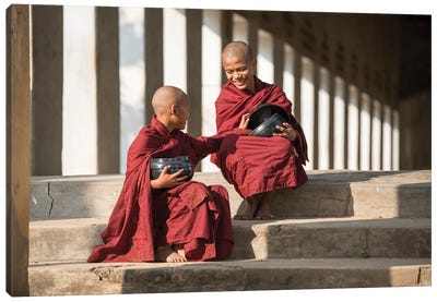 Two Young Novice Monks With Rice Bowl, Bagan, Myanmar Canvas Art Print - Southeast Asian Culture