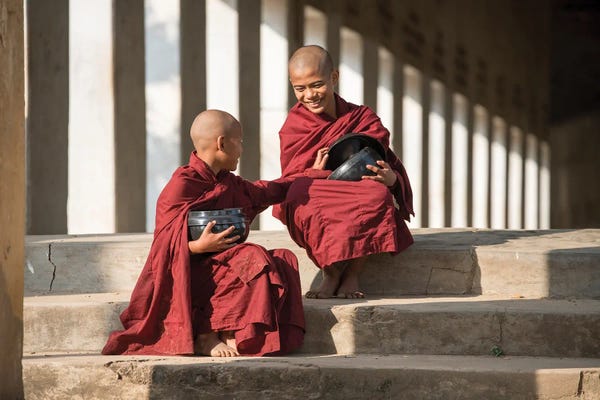 Two Young Novice Monks With Rice Bowl, Bagan, Myanmar