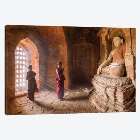 Two Young Novice Monks Praying To Buddha In An Old Temple In Bagan, Myanmar Canvas Print #JNB1145} by Jan Becke Canvas Art