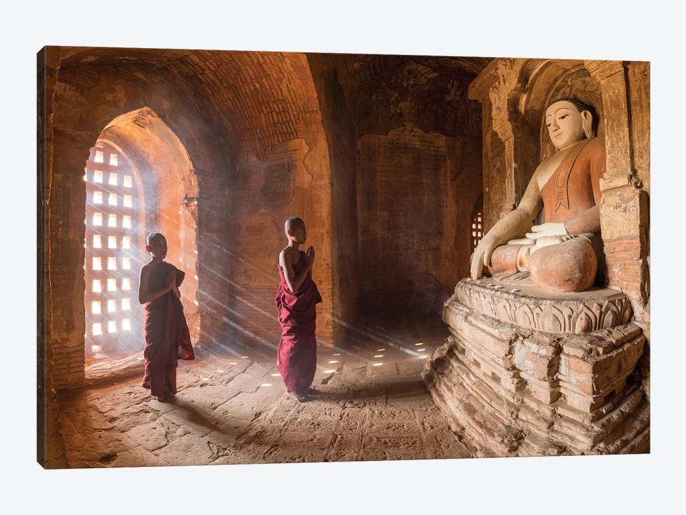 Two Young Novice Monks Praying To Buddha In An Old Temple In Bagan, Myanmar by Jan Becke 1-piece Canvas Wall Art